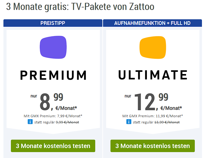 3 Monate gratis TV Pakete von Zattoo